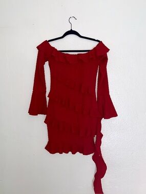 Arden B Red Off-The-Shoulder Ruffle Bell Sleeve Dress - Size Medium